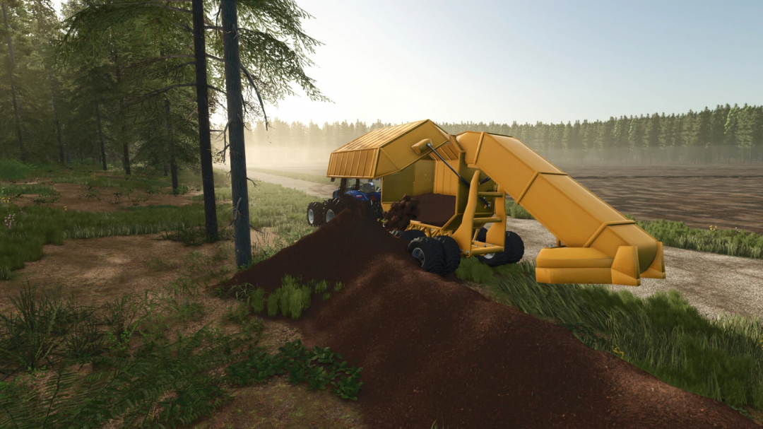 Peat Equipment Pack v1.0.0.0 mod in FS25 showcasing yellow machinery on a forest edge.