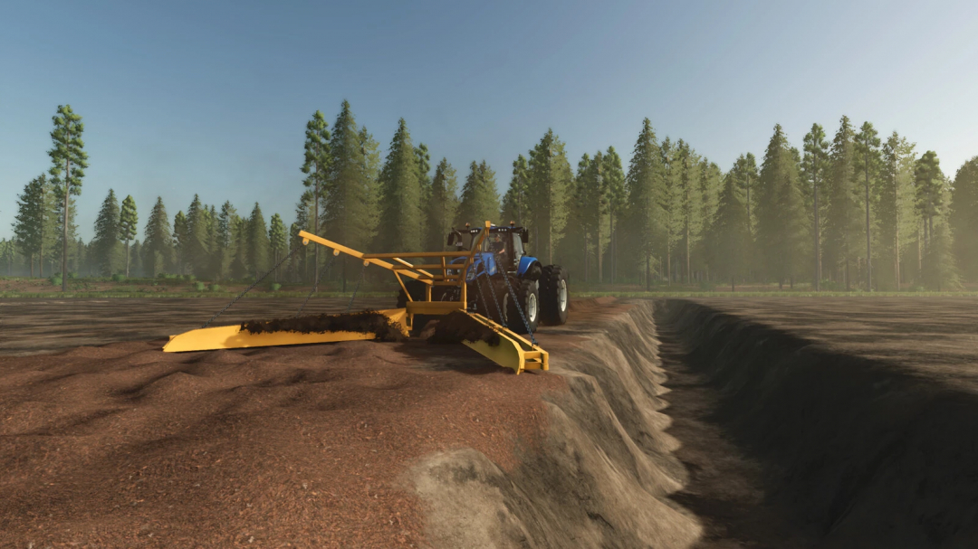 Peat Equipment Pack in FS25, showing machinery working on a peat field surrounded by trees.