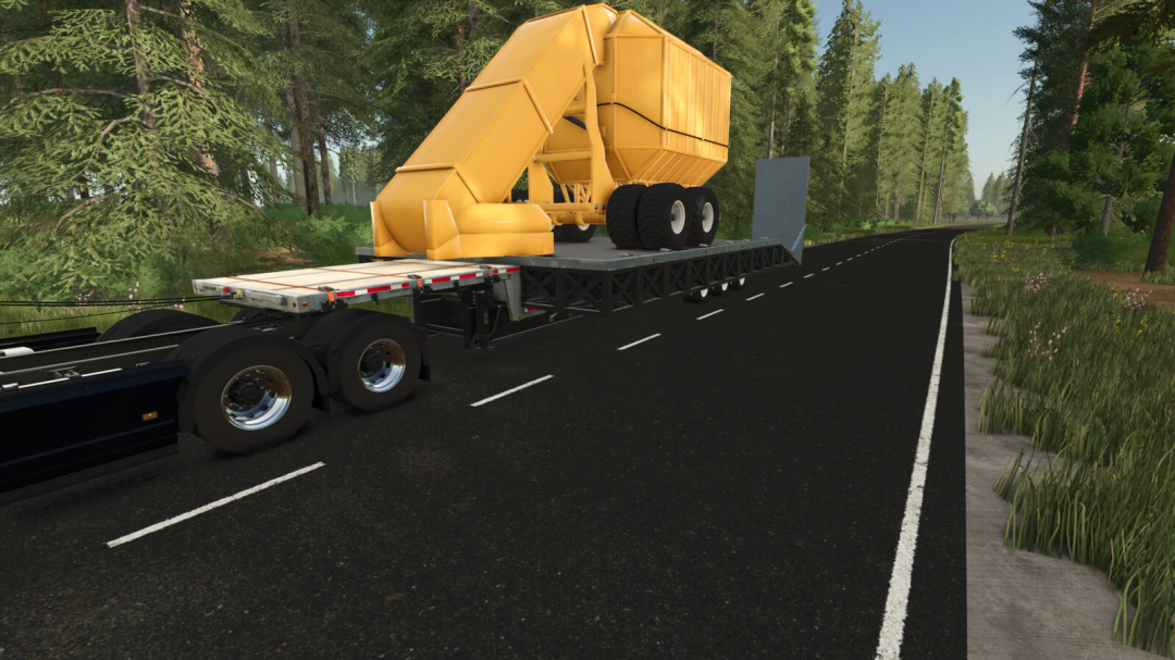 Peat Equipment Pack v1.0.0.0 mod in FS25 shows large yellow equipment on a trailer, set in a forest environment.