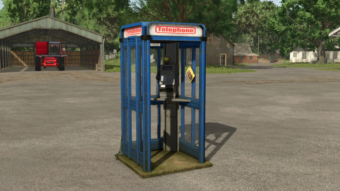 FS25 mod: Phonebooth Teleporter v1.0.0.0, a blue phone booth in a farm setting in Farming Simulator 25.