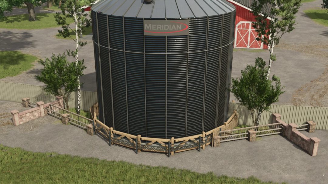 FS25 mods: Place Fences Anywhere v1.0.0.0 showing a metal silo with diverse fencing and trees.