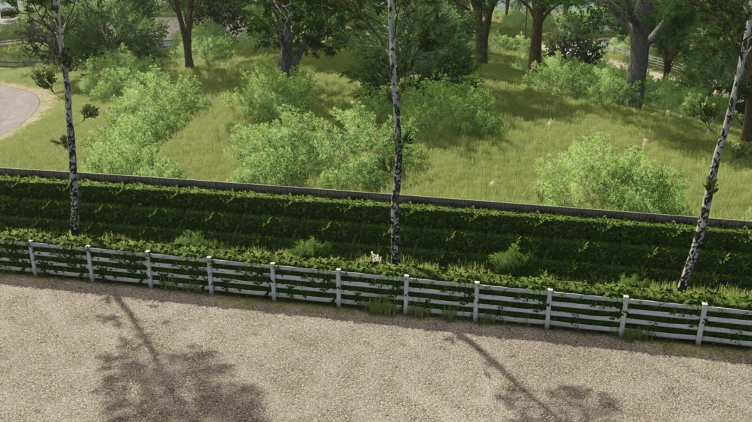 FS25 mod Place Fences Anywhere v1.0.0.0 shows a white fence along a grassy area with trees in Farming Simulator 25.