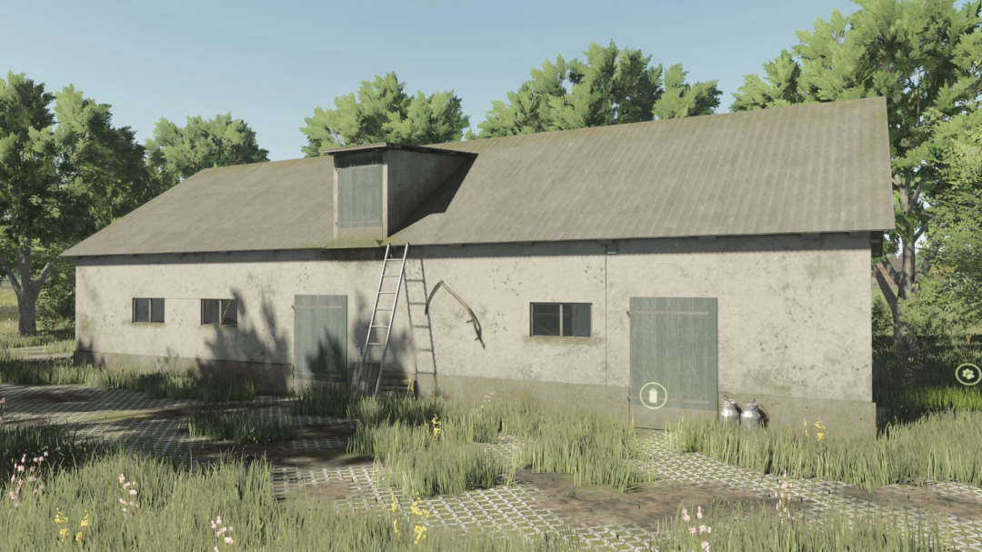 FS25 Polish Small Cow Barn mod with ladder, grass surroundings in Farming Simulator 25.