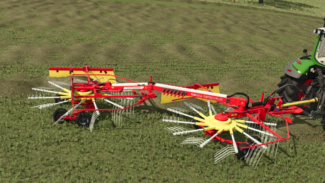 Pöttinger TOP 611 A mod in Farming Simulator 25, used for efficient grass raking.