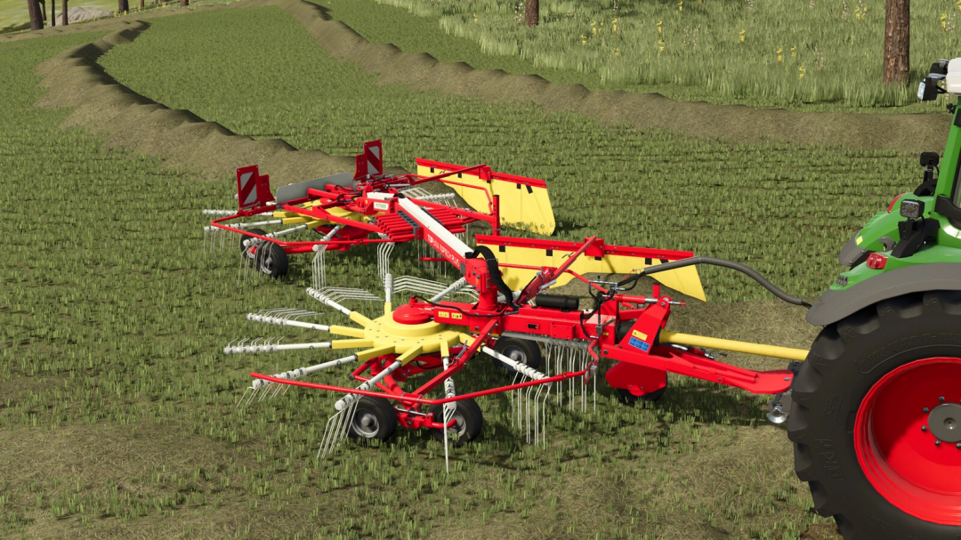 FS25 mod Pöttinger TOP 611 A v1.0.0.0, a red and yellow agricultural implement attached to a tractor on a farm field.