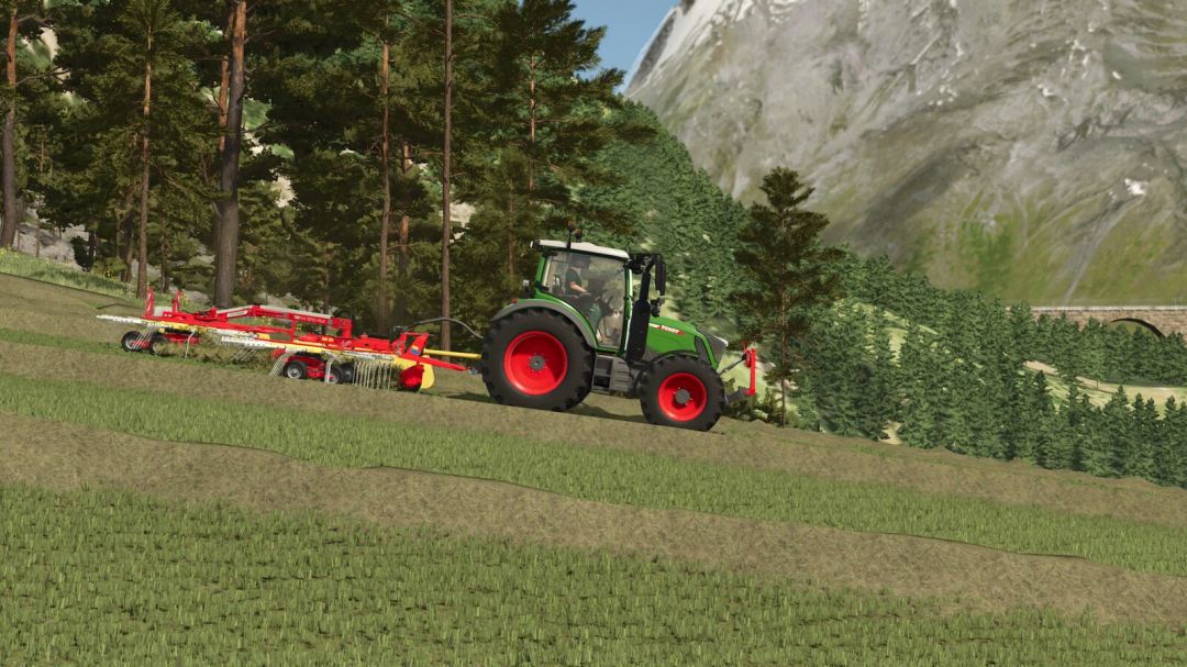 Pöttinger TOP 611 A mod in FS25, tractor on hilly terrain near forest