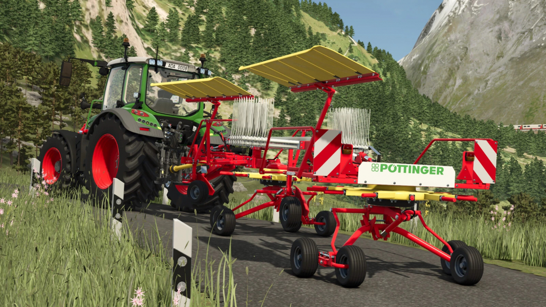 FS25 mods Pöttinger TOP 611 A v1.0.0.0 in Farming Simulator 25, showcasing a tractor with attached hay rake in a mountainous landscape.