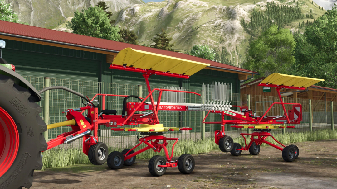 Pöttinger TOP 611 A mod in FS25 displayed in a farm setting, showing detailed agricultural machinery.