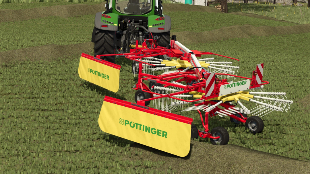 FS25 mod Pöttinger TOP 611 A v1.0.0.0 rake attached to a tractor on a field.