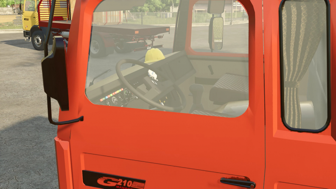 Interior view of the Renault G210 semi truck mod for Farming Simulator 25, showcasing the dashboard and steering.