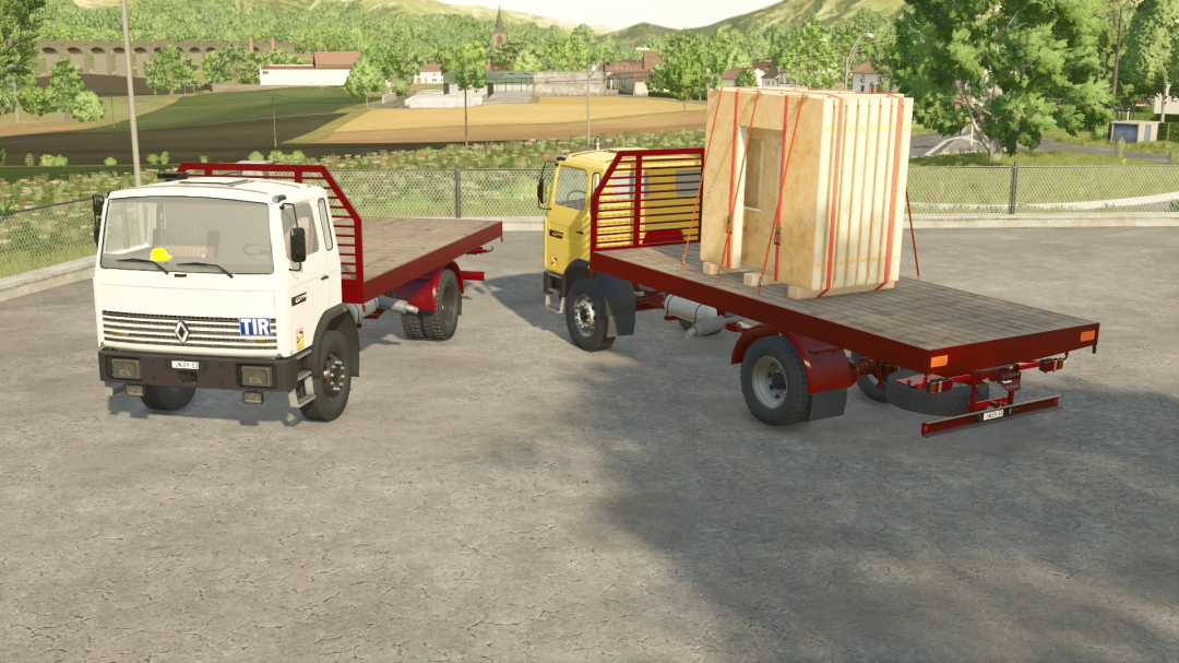 FS25 mods Renault G210 v1.0.0.0 showing two flatbed trucks in a rural setting.