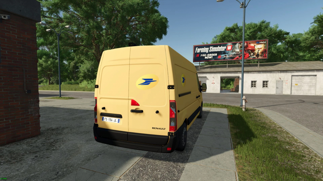 Renault Master 2020 La Poste van mod in FS25, parked near a building with Farming Simulator 25 billboard.