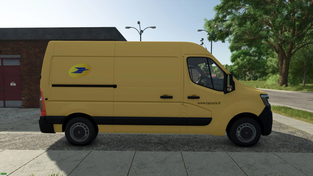 Renault Master 2020 La Poste Edit mod for FS25, featuring a yellow postal van parked on a street.