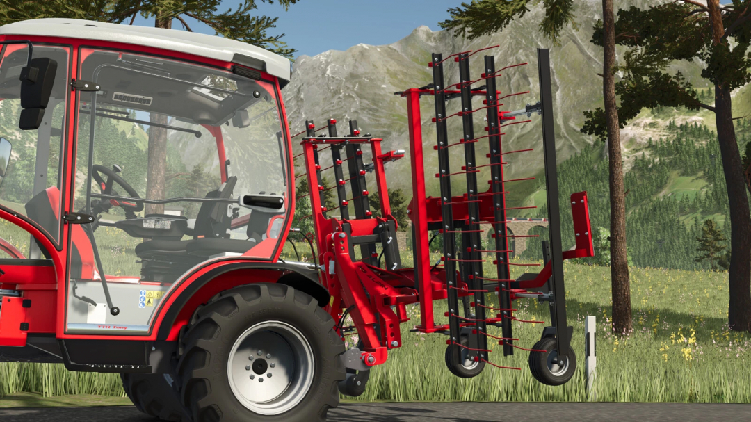 Saga NS Alpin Pack mod in FS25 showing a detailed red tractor attachment in a mountain field.