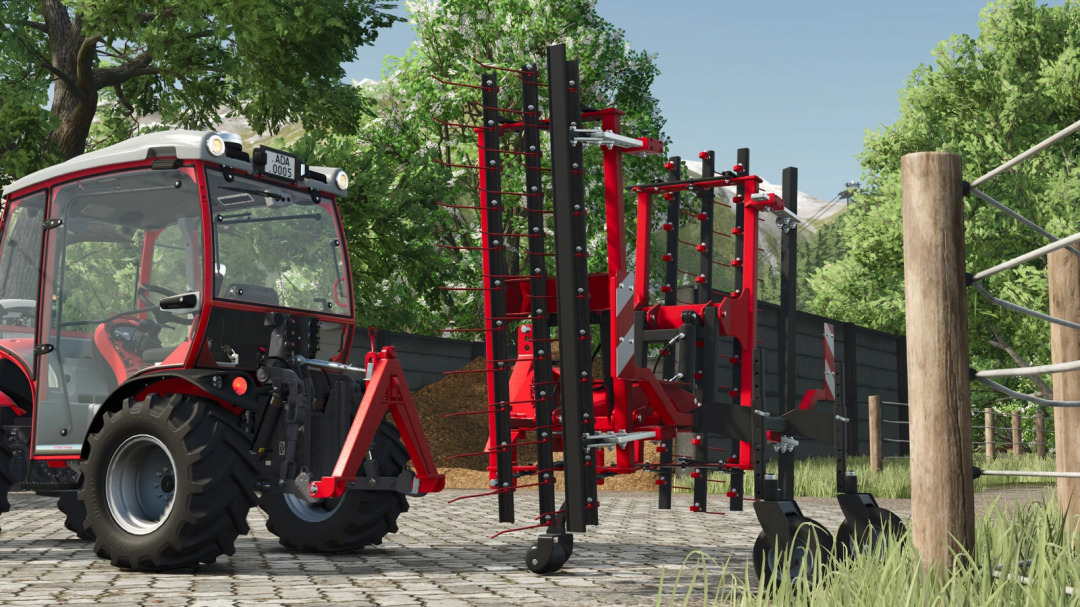 FS25 Saga NS Alpin Pack mod showing a red tractor and farming equipment in Farming Simulator 25.