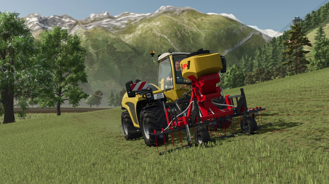 FS25 mod Saga NS Alpin Pack v1.0.0.0 with tractor and seeder on mountain field