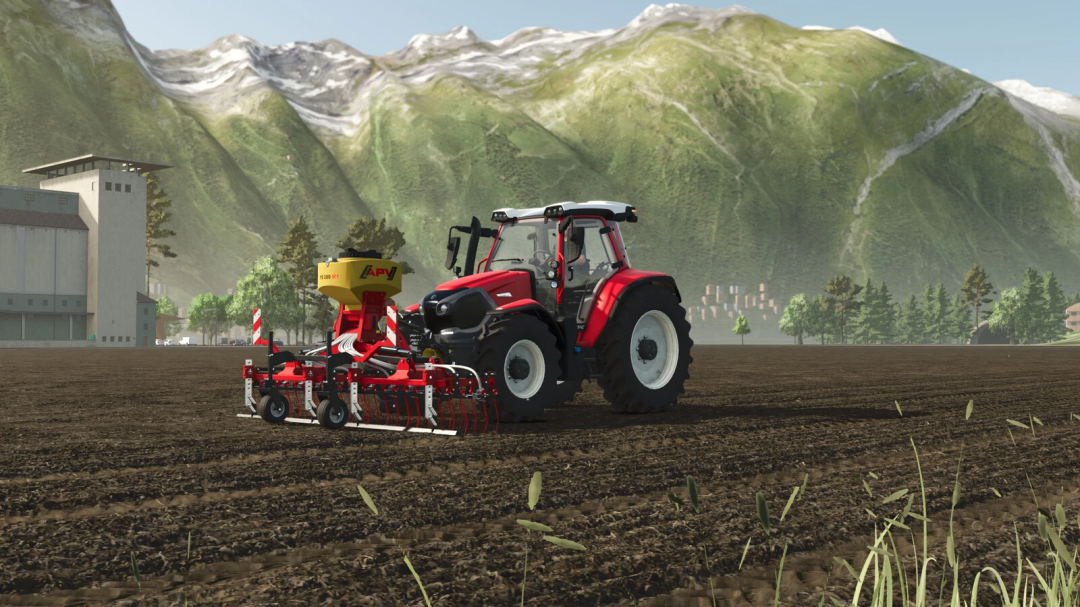 Red tractor with seeder attachment in a mountainous landscape, FS25 Saga NS Alpin Pack mod.