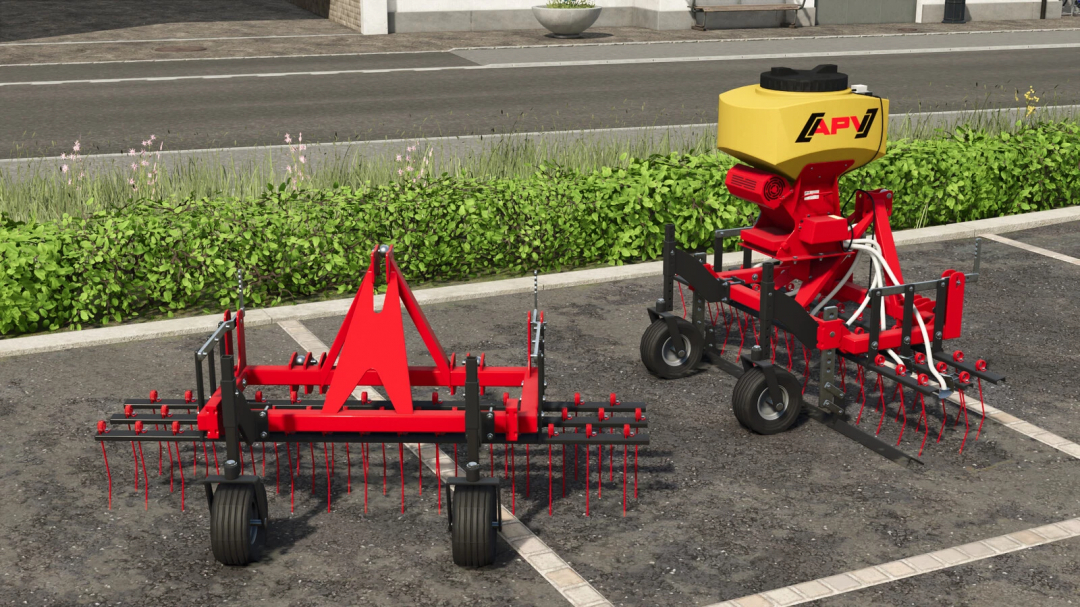 FS25 Saga NS Alpin Pack v1.0.0.0 featuring agricultural equipment in a parking area.