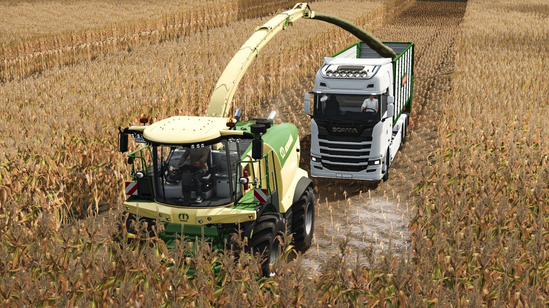 FS25 mod: Scania S Hooklift pulling a container in a cornfield harvesting scene.