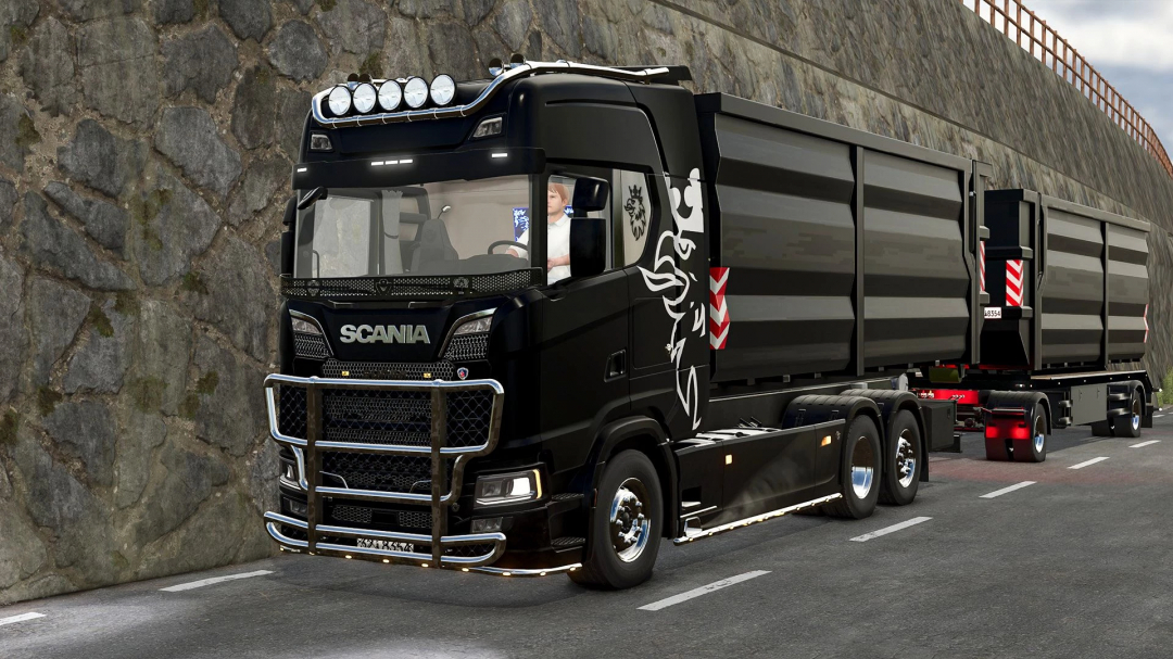 FS25 mod Scania S Hooklift v1.0.0.0, black truck driving on road with trailer in Farming Simulator 25.