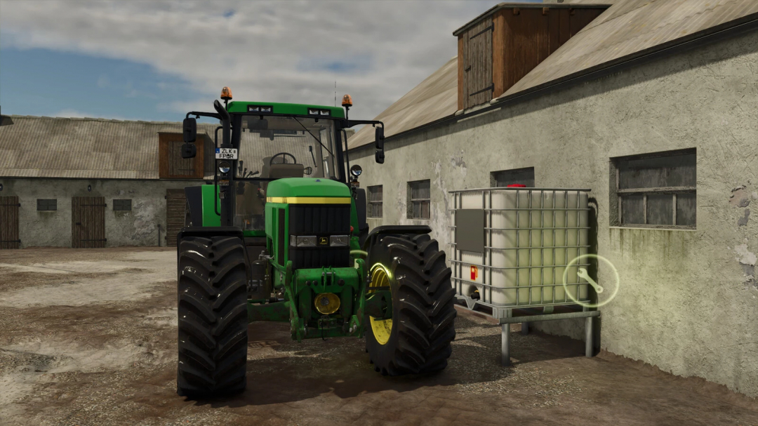 FS25 Self Made Fuel Tank mod: A green tractor parked next to a white fuel tank in Farming Simulator 25.