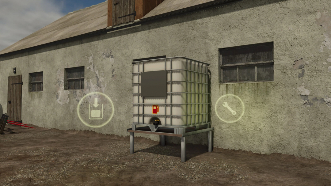 Self Made Fuel Tank mod for FS25 beside a wall, featuring icons for refueling and maintenance.