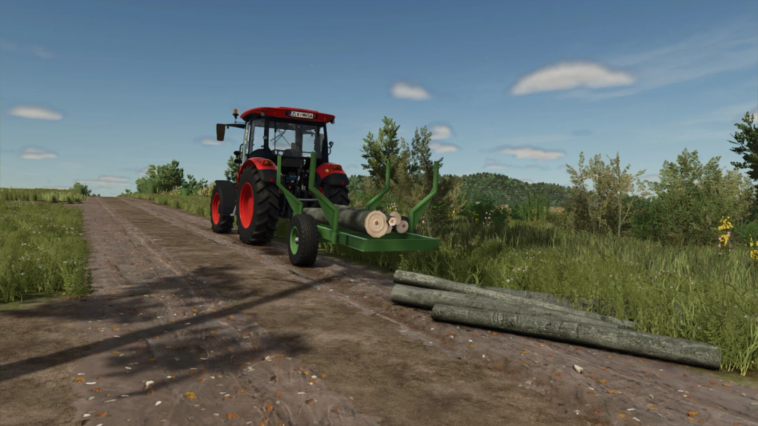 FS25 mod Selfmade Forest Trailer carrying logs on a dirt road in Farming Simulator 25.