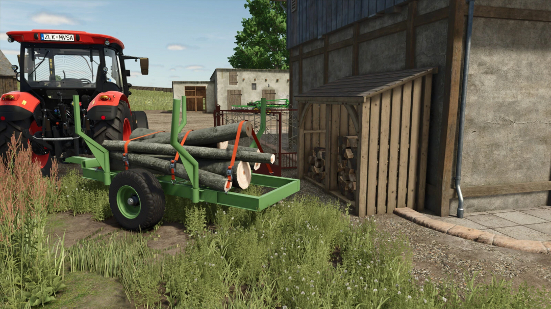 Farming Simulator 25 mod showing Selfmade Forest Trailer with logs, attached to a red tractor on a farm.