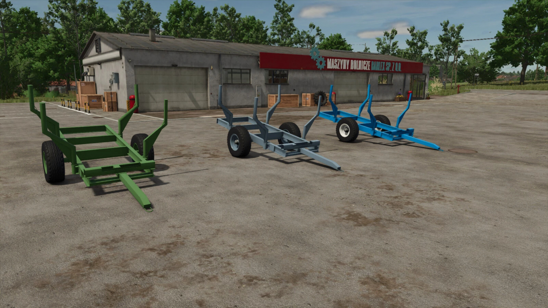 Three selfmade forest trailers in different colors on a concrete yard in FS25 mods, Farming Simulator 25.