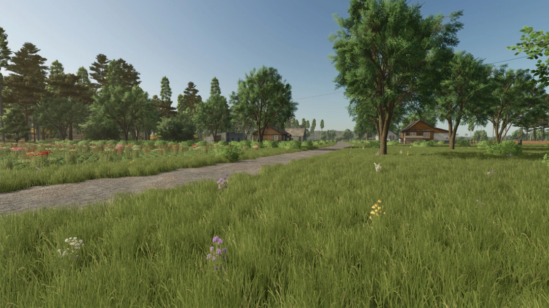 Scenic view of Silver Lake Forest in FS25 mod with lush green fields and rustic houses.