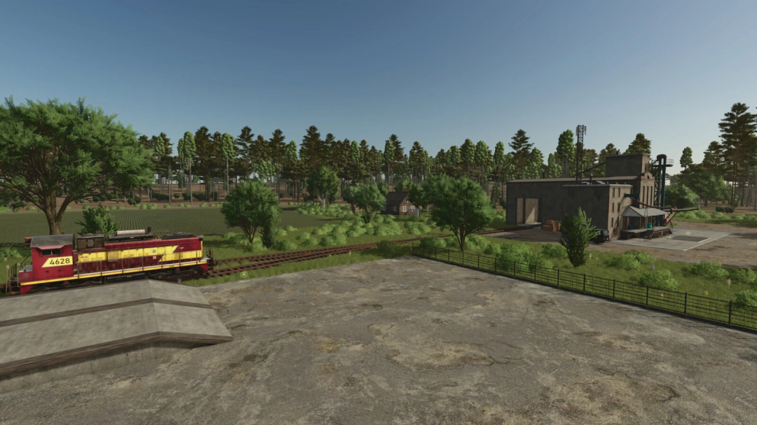 FS25 Silver Lake Forest mod showing a train, trees, and a building in Farming Simulator 25.