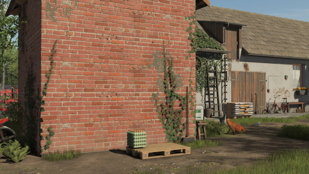 A small rustic chicken coop in Farming Simulator 25 mod, featuring a brick wall, chickens, and farm supplies. FS25 mods enhance gameplay.