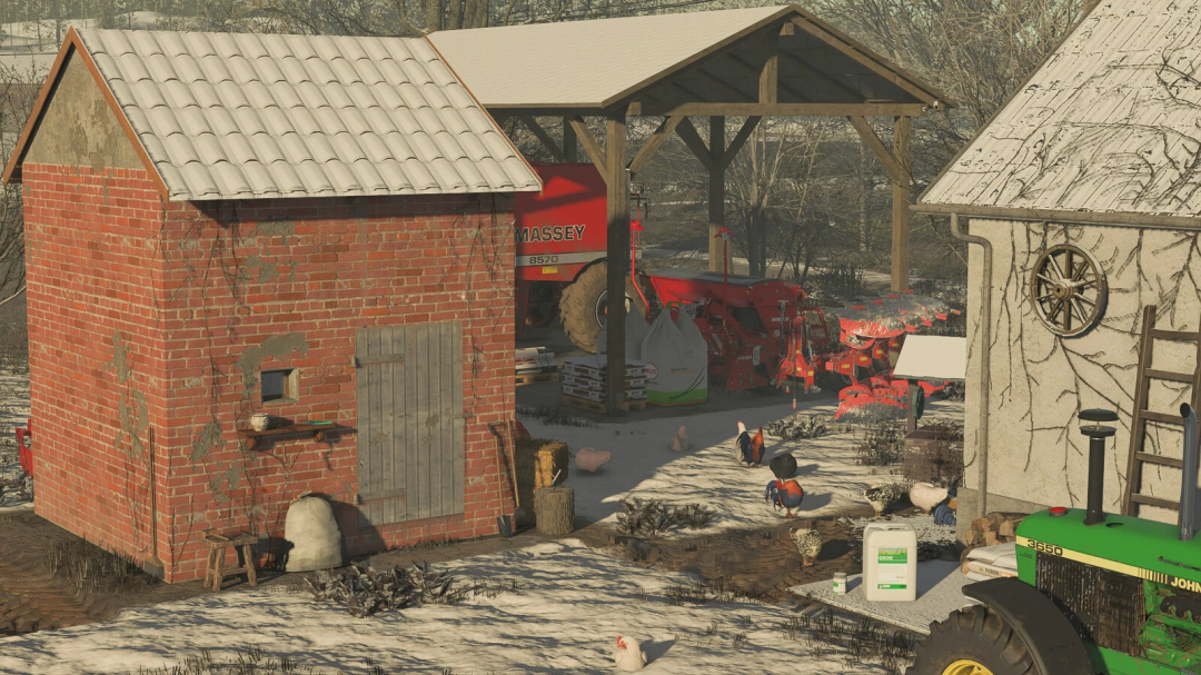 Small brick chicken coop with chickens around, snow-covered ground, machinery, and supplies. FS25 mods enhance Farming Simulator 25 gameplay.