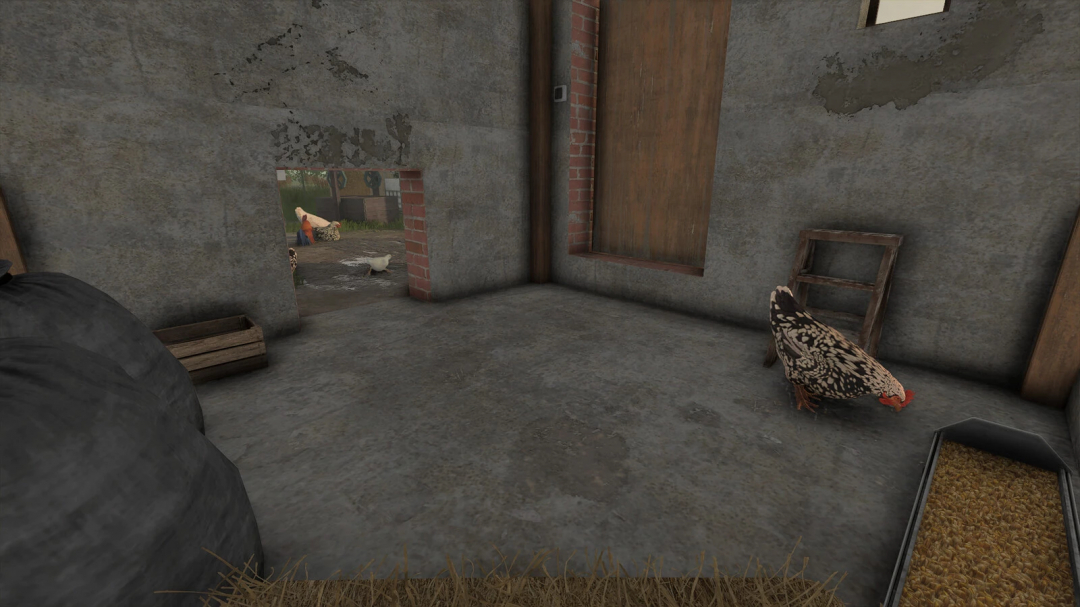 Interior of a Small Chicken Coop mod in FS25, showing a chicken pecking near feed inside a rustic structure.