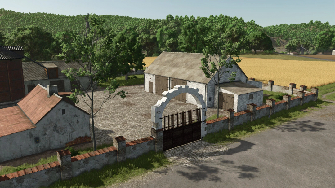 FS25 mod Stone Decorations v1.0.0.0 showing a rustic farm with stone archway and buildings.