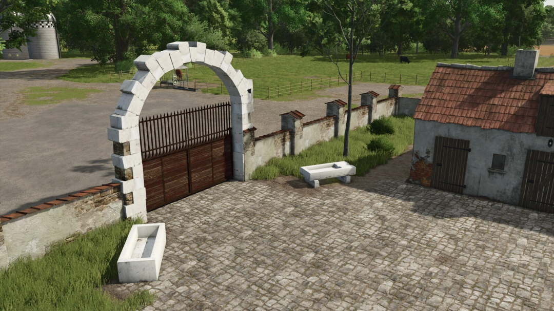 Stone decorations with arch and wall in FS25 mod Stone Decorations v1.0.0.0.