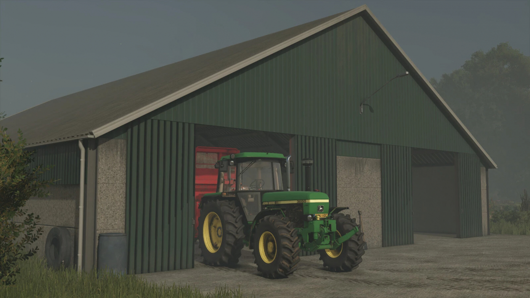 FS25 mod Storage Shed v1.0.0.0 with tractor inside, showing green barn-style storage in Farming Simulator 25.