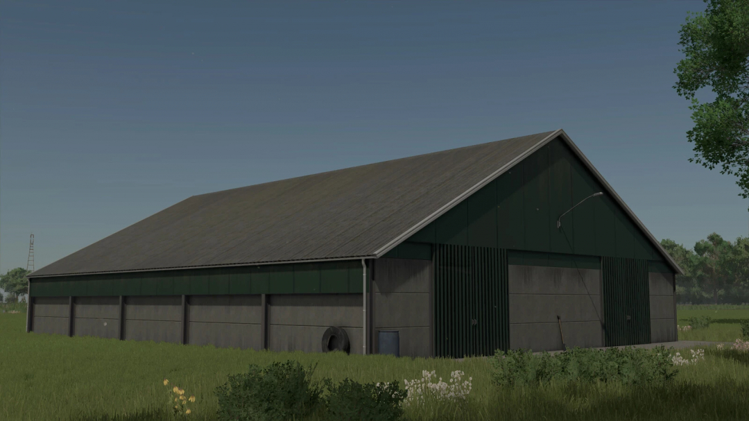 Storage Shed v1.0.0.0 mod for FS25 featuring a large green and gray barn in a grassy field, suitable for storing farming equipment.