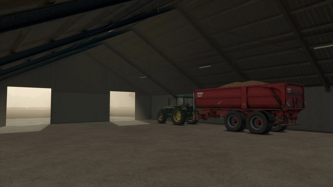 Interior of a storage shed with a tractor and trailer in FS25 mod.