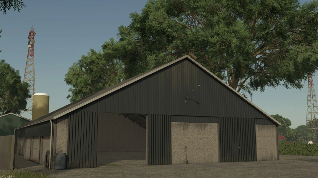 Storage Shed v1.0.0.0 mod in FS25, a large open garage with metal siding surrounded by trees and a radio tower.