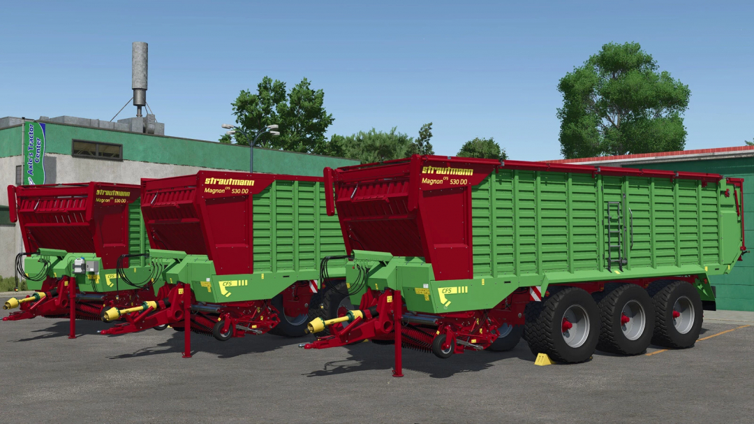 Three Strautmann Magnon 530 trailers in FS25 mod at tractor center.