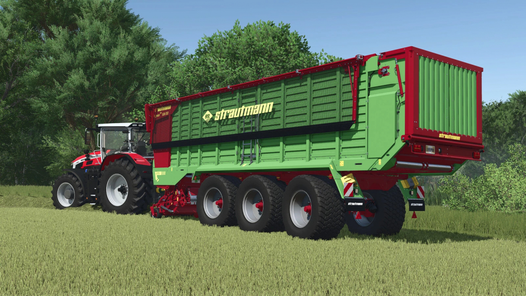 Strautmann Magnon 530 FS25 mod in a field, showcasing its green and red design in Farming Simulator 25.