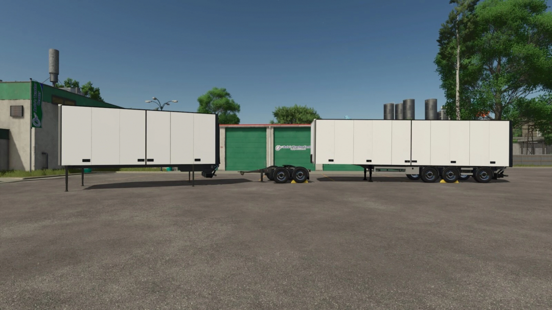 FS25 Taillift Pack v1.0.0.0 mod showing two white trailers in a parking lot.