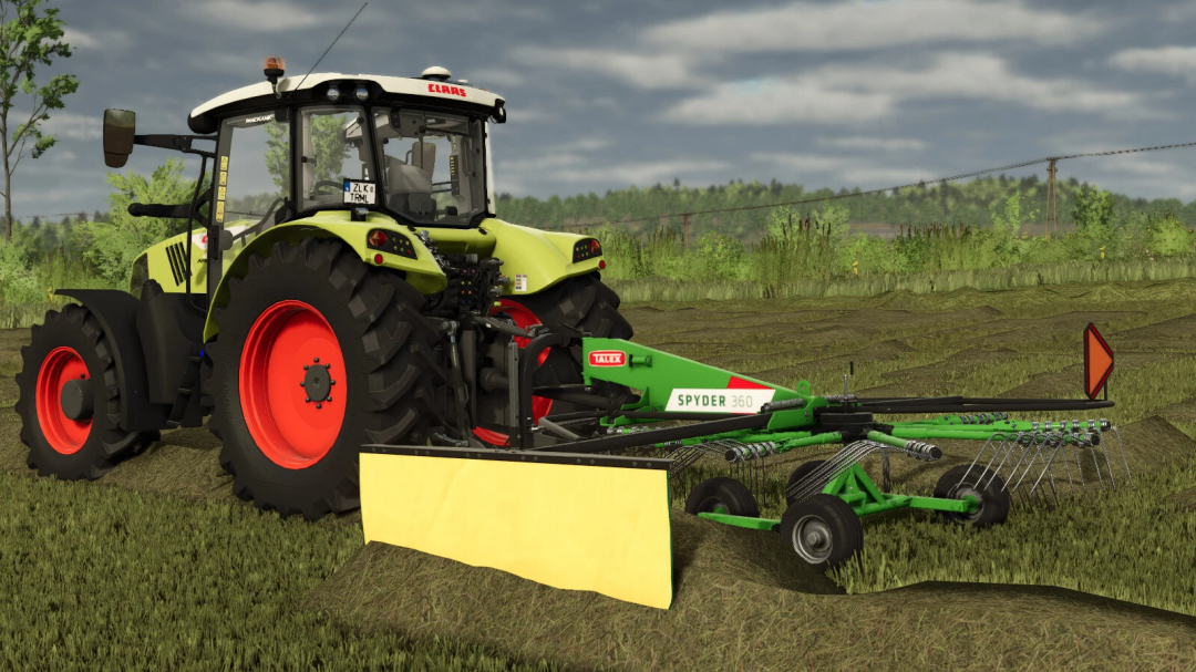 FS25 mod Talex Spyder 360 v1.0.0.0, a mower attachment on a tractor in a grassy field.