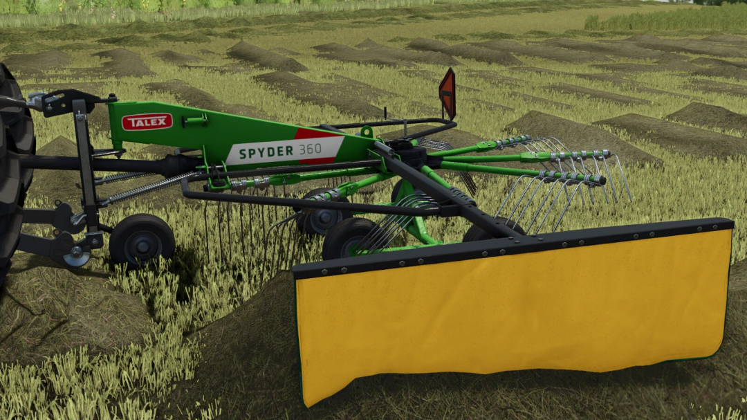 Talex Spyder 360 mod in FS25 showing green agricultural equipment with yellow guard in a field.