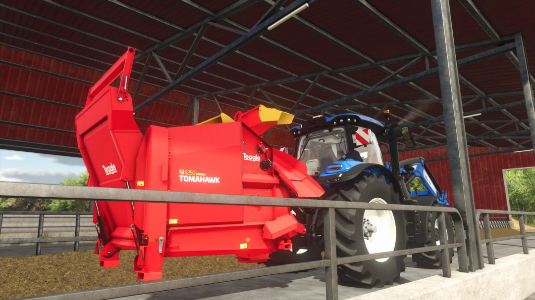 Teagle Tomahawk 8250 mod for Farming Simulator 25, attached to a blue tractor in a barn. FS25 mods showcase.