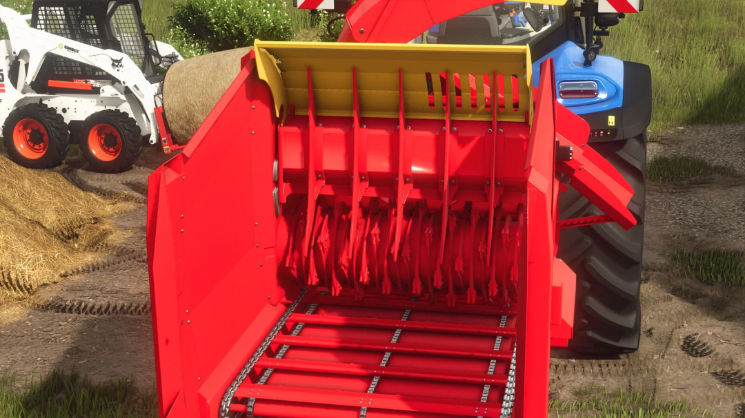 Teagle Tomahawk 8250 mod in FS25 showing the red hay processing part attached to a tractor.