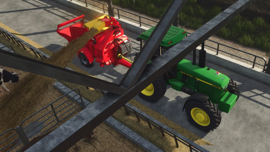 Teagle Tomahawk 8250 mod in FS25 with tractor distributing feed in barn.