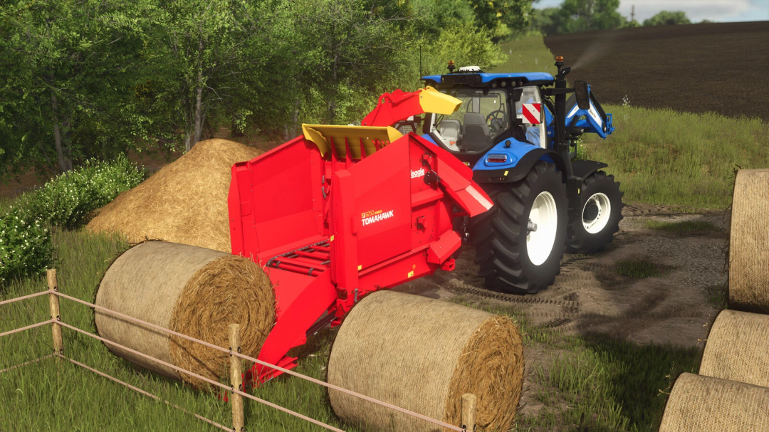 Teagle Tomahawk 8250 mod in FS25 showcasing a red hay processor attached to a blue tractor.