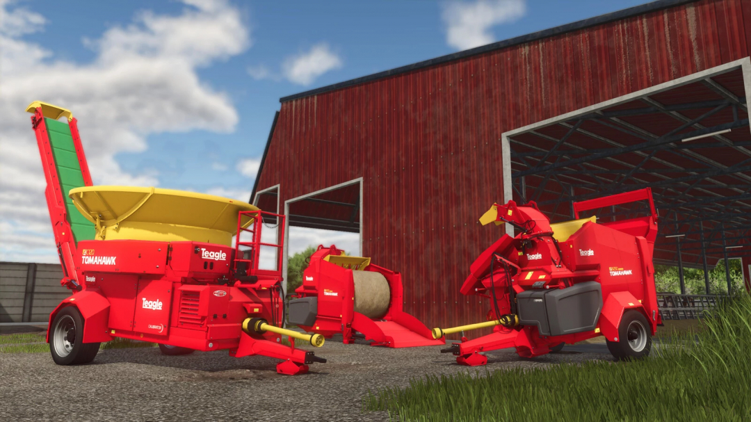 Teagle Tomahawk C120 mod in Farming Simulator 25, featuring red farm equipment outside a barn.